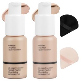 ALIIP 2PCS Fond de Teint avec Deux Houppettes,Foundation Imperméable Professional,Makeup Fond de Teint Liquide Couvrant Tenue