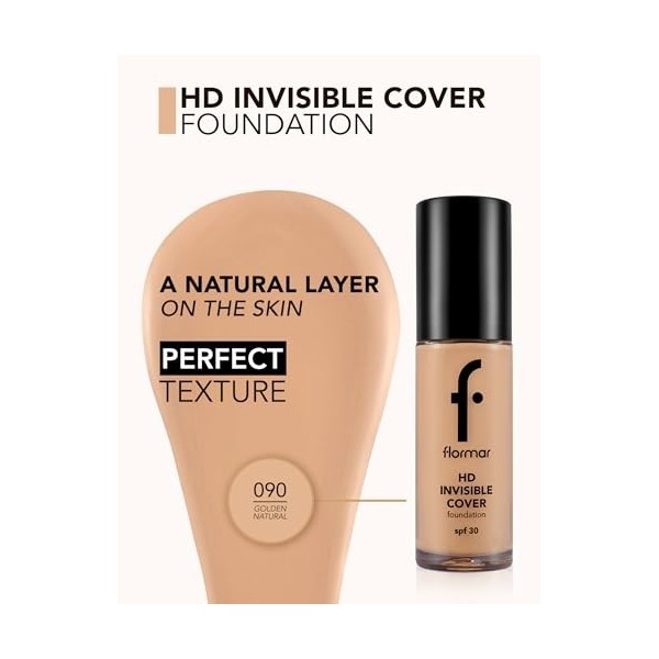 Flormar Invisible Cover HD Foundation – Fond de teint liquide crémeux avec SPF 30, couvrance modulable et fini naturel lumine