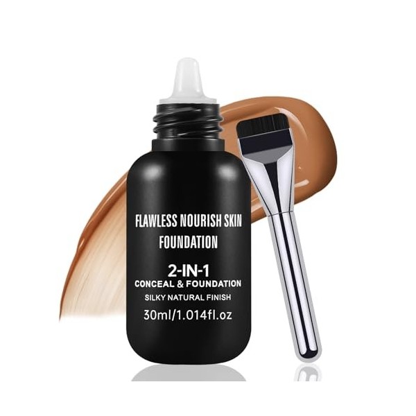 Boobeen Fond de teint liquide mat pour femmes, fond de teint longue tenue, fini naturel pour le visage avec pinceau de maquil