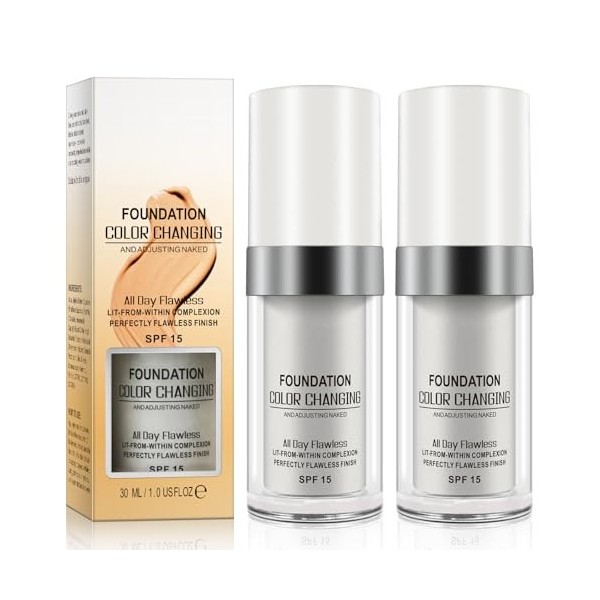 2 Pack Fondation liquide, Flawless Colour Changing Warm Skin Tone Foundation, Foundation Color Changing, SPF15, teint hydrata