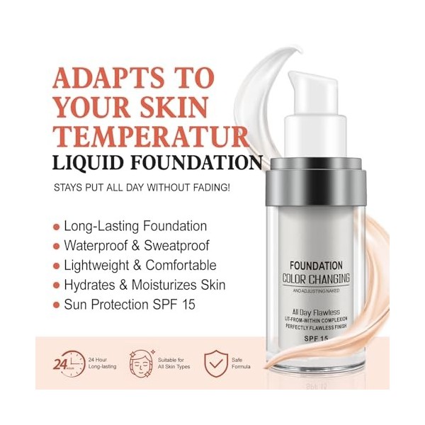 2 Pack Fondation liquide, Flawless Colour Changing Warm Skin Tone Foundation, Foundation Color Changing, SPF15, teint hydrata