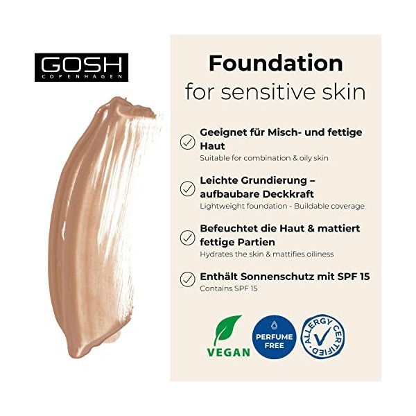 GOSH Fond de teint avec SPF 15 pour peaux claires et foncées, vegan I Maquillage matifiant pour peaux sèches, sensibles et gr