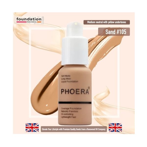 Glamza Phoera - Fond de teint anti-cernes - Couverture complète - Mat - Brighten - Longue durée - UK 105 Sand