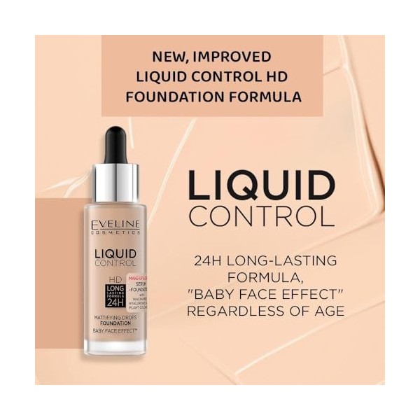 Eveline Cosmetics Liquid Control HD Maquillage liquide à la niacinamide – 025 Light Rose | Maquillage hydratant longue durée 