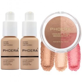 PHOERA Fond de teint,PHOERA Palette de contour, nuances avec surligneur, bronzant et fard à joues, PHOERA maquillage 104+104