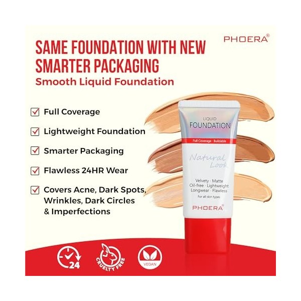 Glamza Phoera Fond de teint couvrant complet – Contrôle de lhuile longue durée 24 heures – même fond de teint emballage plus
