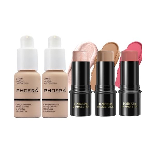 PHOERA Fond de teint, 3 Pcs Kit de maquillage crème contour stick, nuances avec Highlighter & Bronzer & Blush 102+102+ Fair-