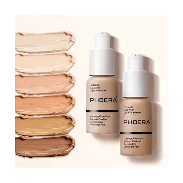 PHOERA 30ml Fond de teint liquide, Fond de teint liquide Full Coverage 24HR Matte Oil Control Concealer,Crème parfaite, lisse