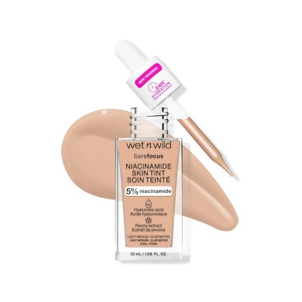 Wet n Wild Bare Focus Niacinamide Skin Tint, Hydratant Teinté à lAcide Hyaluronique, Fond de Teint Sérum Léger Glow, Maquill