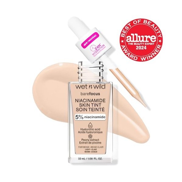 Wet n Wild Bare Focus Niacinamide Skin Tint, Hydratant Teinté à lAcide Hyaluronique, Fond de Teint Sérum Léger Glow, Maquill