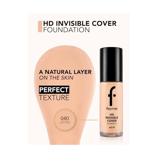 Flormar Invisible Cover HD Foundation – Fond de teint liquide crémeux avec SPF 30, couvrance modulable et fini naturel lumine