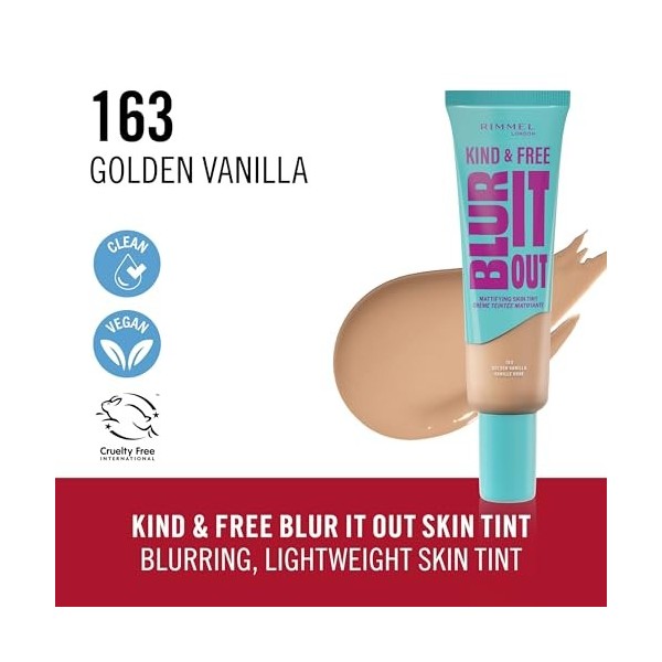 Rimmel London Kind & Free BLUR IT OUT Teint Matifiant, 163 Golden Vanilla, Contrôle de la brillance toute la journée, Maquill