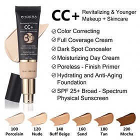 PHOERA CC Crème, Couvrance Légère et Naturelle,PHOERA Fond de Teint Foundation,imperméable Professional Makeup Couvrant Tenue