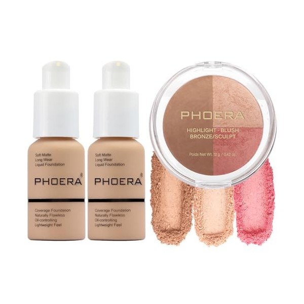 PHOERA Fond de teint,PHOERA Palette de contour, nuances avec surligneur, bronzant et fard à joues, PHOERA maquillage 104+104
