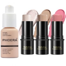 PHOERA Fond de teint, 3 Pcs Kit de maquillage crème contour stick, nuances avec Highlighter & Bronzer & Blush 101+ Fair Cont