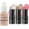 PHOERA Fond de teint, 3 Pcs Kit de maquillage crème contour stick, nuances avec Highlighter & Bronzer & Blush 101+ Fair Cont