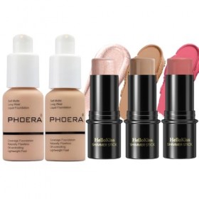 PHOERA Fond de teint, 3 Pcs Kit de maquillage crème contour stick, nuances avec Highlighter & Bronzer & Blush 103+104+Light-
