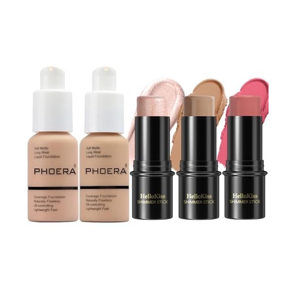 PHOERA Fond de teint, 3 Pcs Kit de maquillage crème contour stick, nuances avec Highlighter & Bronzer & Blush 103+104+Light-