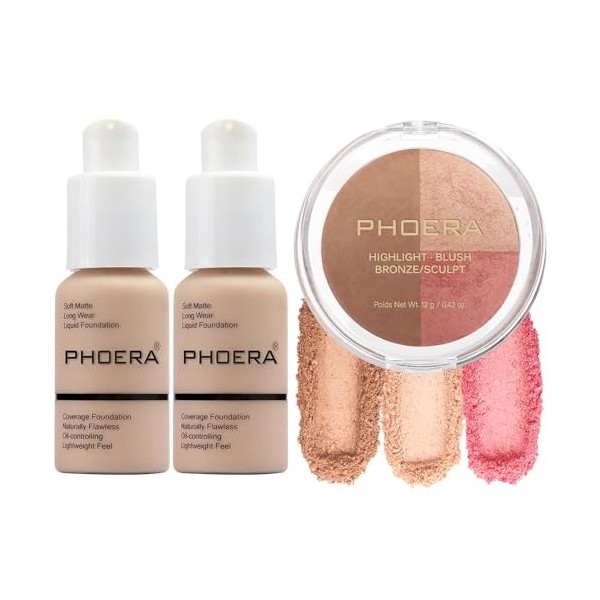 PHOERA Fond de teint,PHOERA Palette de contour, nuances avec surligneur, bronzant et fard à joues, PHOERA maquillage 102+102