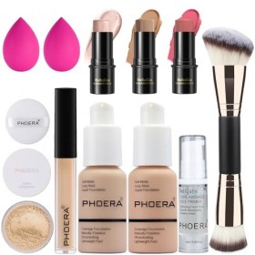 PHOERA Fond de teint, kit de maquillage Contour Stick 3 pièces 102+103+ Fair-Light Contour/Nude + Warm peach+ 03, 09, 12 
