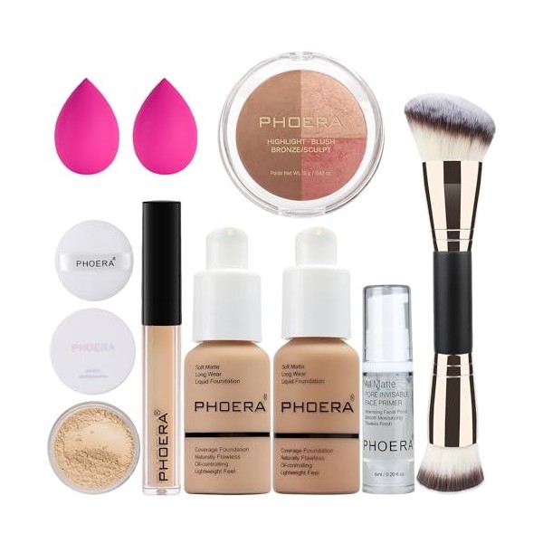 PHOERA Fond de teint, PHOERA palette contour, nuances avec surligneur, poudre bronzante et fard à joues, tenue fraîche jusqu