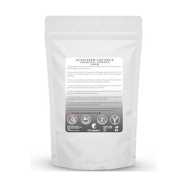 Poudre de charbon actif - 100 Gr - utilisation dans les masques, enveloppements corporels, gommages, formulations exfoliantes
