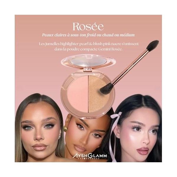 Ayshglamm | Pinceau Kit Gemini Touch & Duo Poudre Rosée | Blush Rosé & Highlighter Perlé | Glow Doux & Harmonieux pour Teints