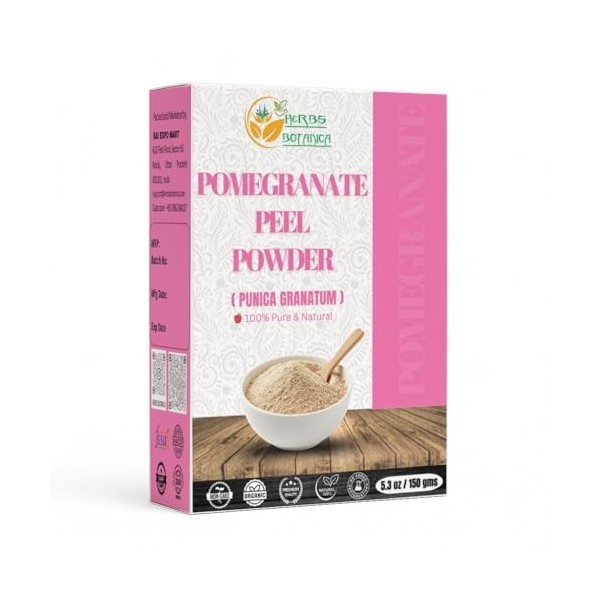 Herbs Botanica Poudre décorce de grenade 150 g, punica granatum naturel | Favorise une peau jeune | Sans gluten et sans OGM 