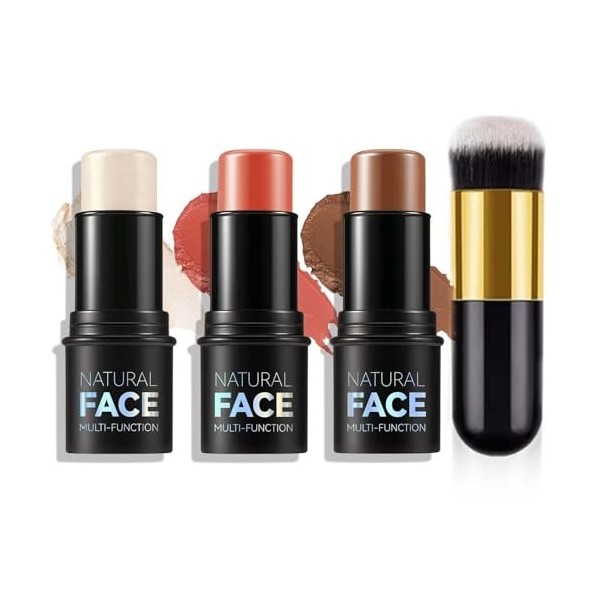 MLSMILE Kit de Contour Visage 3 Pièces - Stick Contour Crème Bronzant, Highlighter et Blush - Sculpture des Joues Longue Tenu