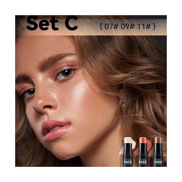 MLSMILE Kit de Contour Visage 3 Pièces - Stick Contour Crème Bronzant, Highlighter et Blush - Sculpture des Joues Longue Tenu