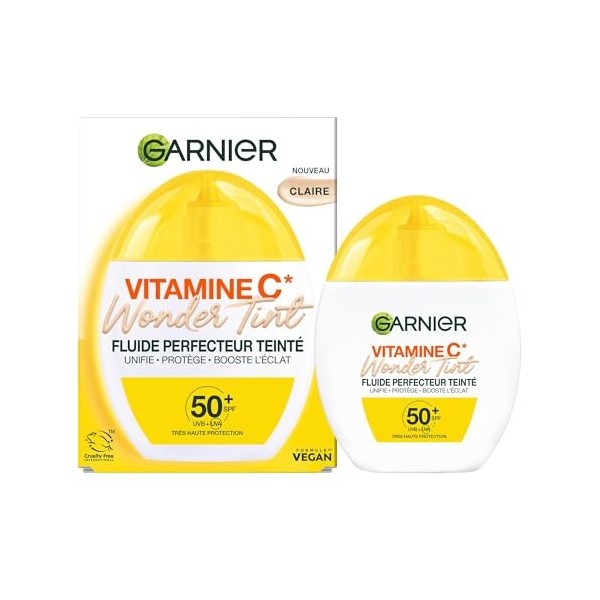 GARNIER - SkinActive Vitamine C - Fluide Perfecteur Teinté Wonder Tint SPF50+ - Soin Teinté Visage Protecteur - Unifie, Hydra