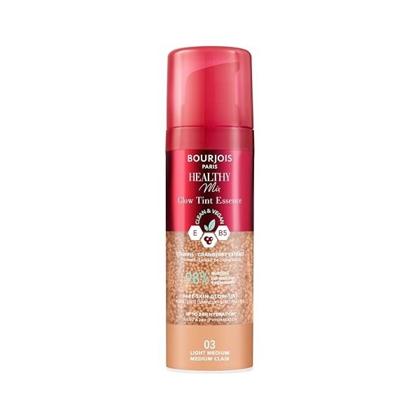 Bourjois Healthy Mix, 03 Medium clair, Glow Tint Essence, Effet peau nue, Fini éclatant, Hydratant teinté à la texture fraîch