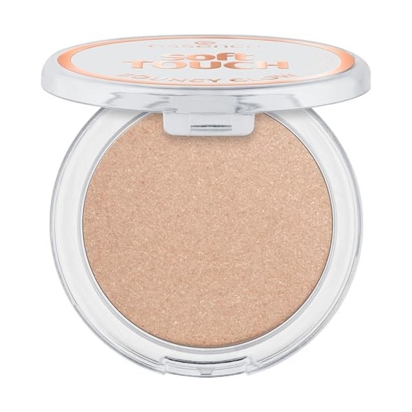 essence soft TOUCH BOUNCY GLOW 30 glazing gleam, enlumineur cream-to-powder, beige chaud, fini brillant, parfum vanille, text