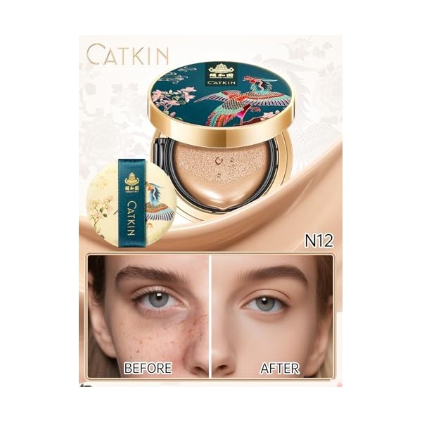CATKIN Fond De Teint Cushion, Formule Légère Et Longue Tenue, Anti-Âge, Effet Naturel, Extraits De Plantes 7 En 1, Finition S
