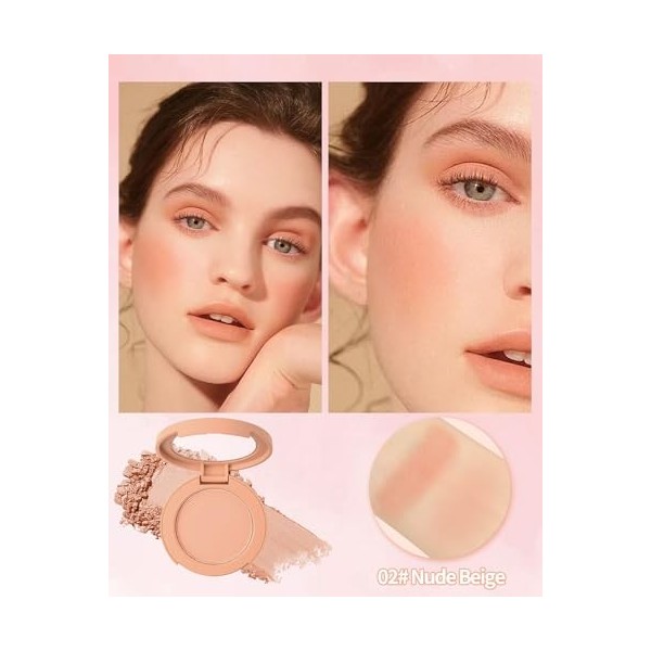 Blush Poudre, Nude Abricot Finition Mate Naturelle, Longue Durée Waterproof Fard a Joue, Pigmenté Intense Veloutée Blush Crèm