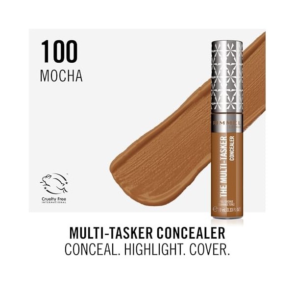 Rimmel London Correcteur multi-tâches, 100 moka, infroissable, anti-transfert, imperméable, jusquà 24 heures, formule végéta