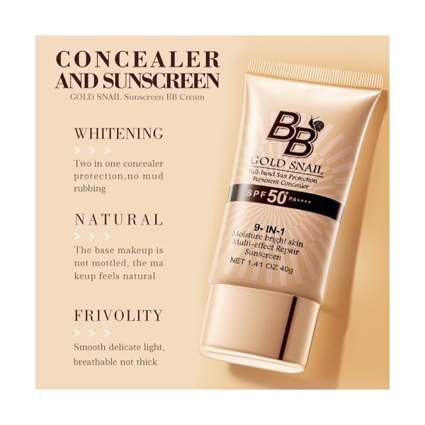 HOUSN BB Creme 9-en-1 SPF 50+, CC Crème Teint Parfait avec Escargot Doré, Base de Maquillage, Anti-Imperfections & Protection