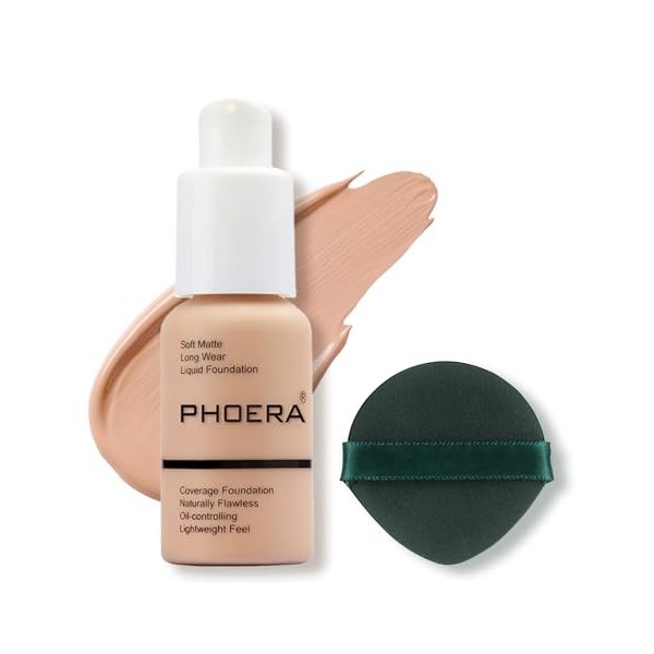 PHOERA 30ml Fond de teint liquide, Fond de teint liquide Full Coverage 24HR Matte Oil Control Concealer,Crème parfaite, lisse