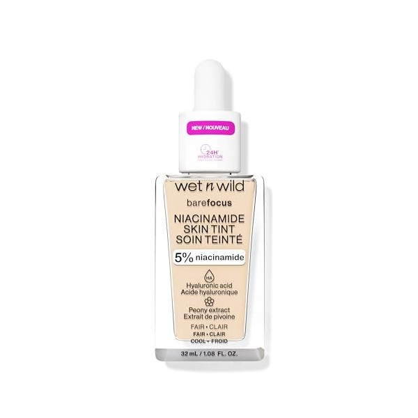 Wet n Wild Bare Focus Niacinamide Skin Tint, Hydratant Teinté à lAcide Hyaluronique, Fond de Teint Sérum Léger Glow, Maquill