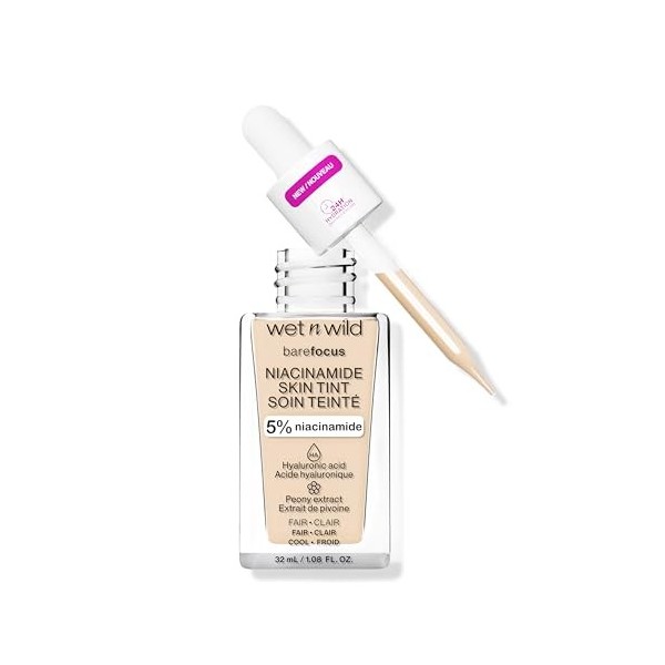 Wet n Wild Bare Focus Niacinamide Skin Tint, Hydratant Teinté à lAcide Hyaluronique, Fond de Teint Sérum Léger Glow, Maquill