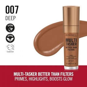 Rimmel Multi-Tasker Better Than Filters, 007 Deep, Base de Teint, Booster d’Éclat et Highlighter, formule vegan, léger, pigme