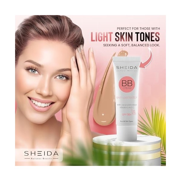 SHEIDA BB Creme Leight, crème de jour teintée avec SPF 30+, hydratation 24h et optimiseur de la peau pour un teint uniforme,