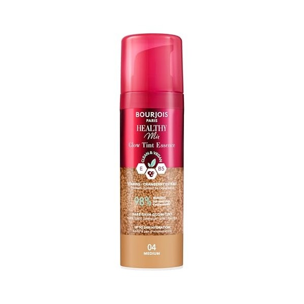 Bourjois Healthy Mix, 04 Medium, Glow Tint Essence, Effet peau nue, Fini éclatant, Hydratant teinté à la texture fraîche et l