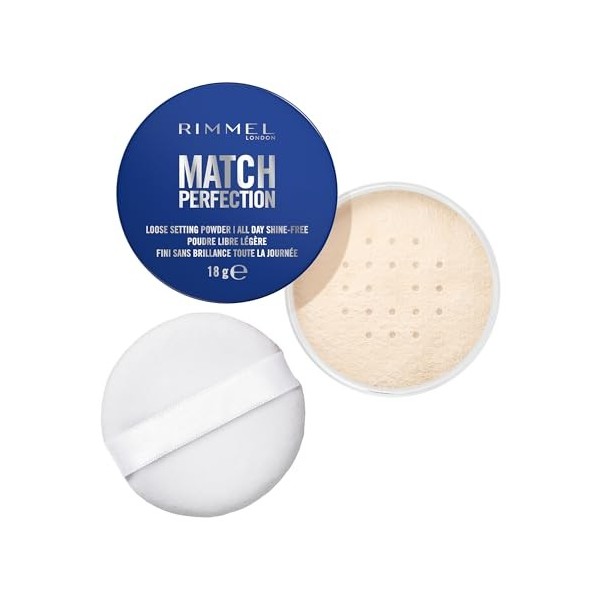 Rimmel London Match Perfection Poudre de fixation libre, Formule légère, Fini Mat, Maquillage Vegan,18 g, 001, Translucent