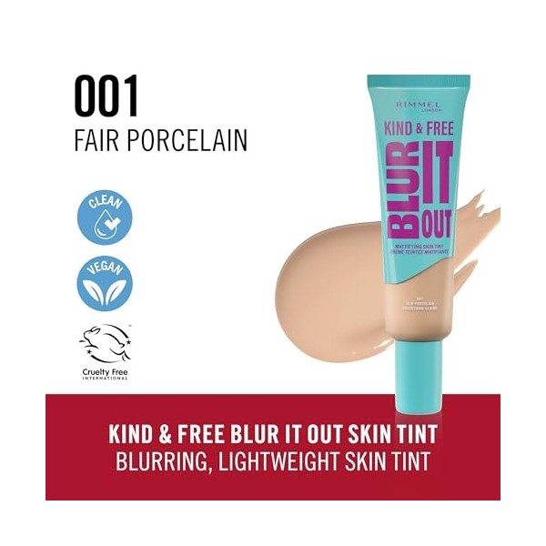 Rimmel London Kind & Free BLUR IT OUT Teint Matifiant,001 Fair Porcelain, Contrôle de la brillance toute la journée, Maquilla