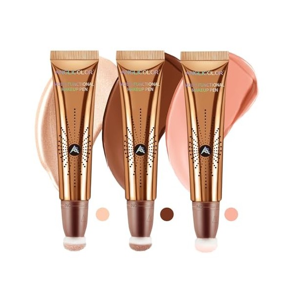 Anglicolor 3PCS Contouring Maquillage Stick,Highlighter Blush liquide,With Cushion Applicator Bronzer Stick,Natural Végétalie