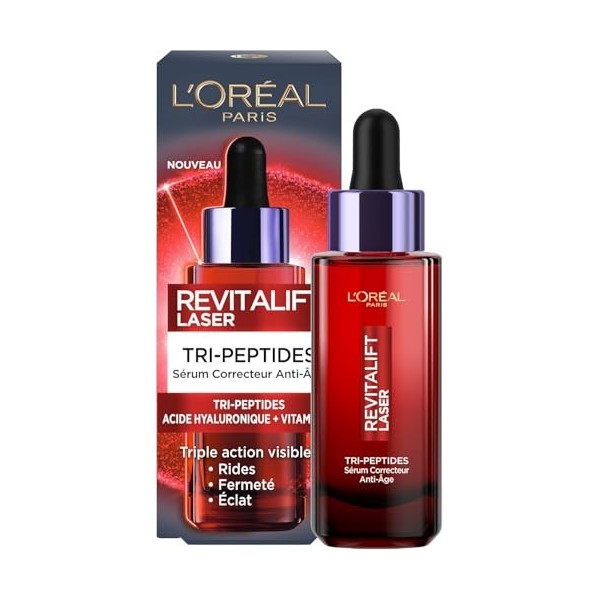 LOréal Paris - Sérum Correcteur Visage Anti-Âge - Soin Anti-Âge Triple Action - À lAcide Hyaluronique, Peptides & Vitamine