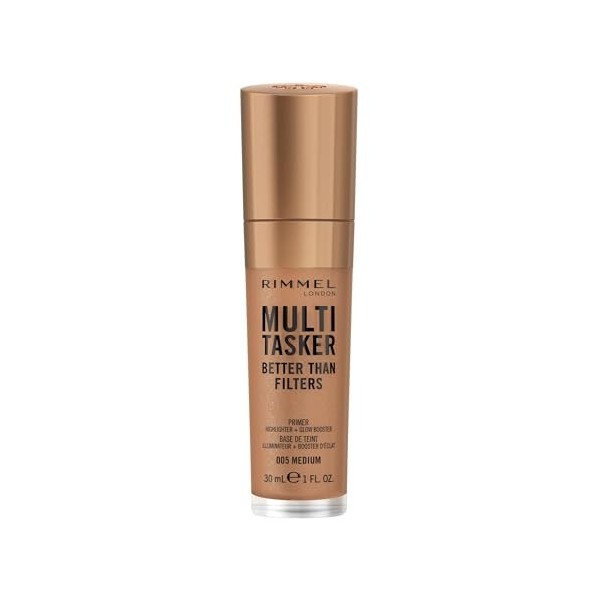 Rimmel Multi-Tasker Better Than Filters, 005 Medium, Base de Teint, Booster d’Éclat et Highlighter, formule vegan, léger, pig