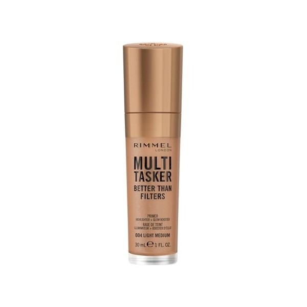 Rimmel Multi-Tasker Better Than Filters, 004 Light Medium, Base de Teint, Booster d’Éclat et Highlighter, formule vegan, lége