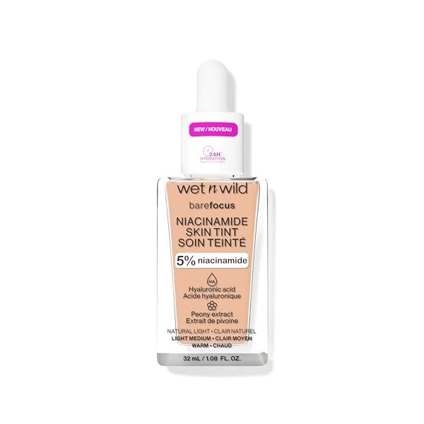 Wet n Wild Bare Focus Niacinamide Skin Tint, Hydratant Teinté à lAcide Hyaluronique, Fond de Teint Sérum Léger Glow, Maquill